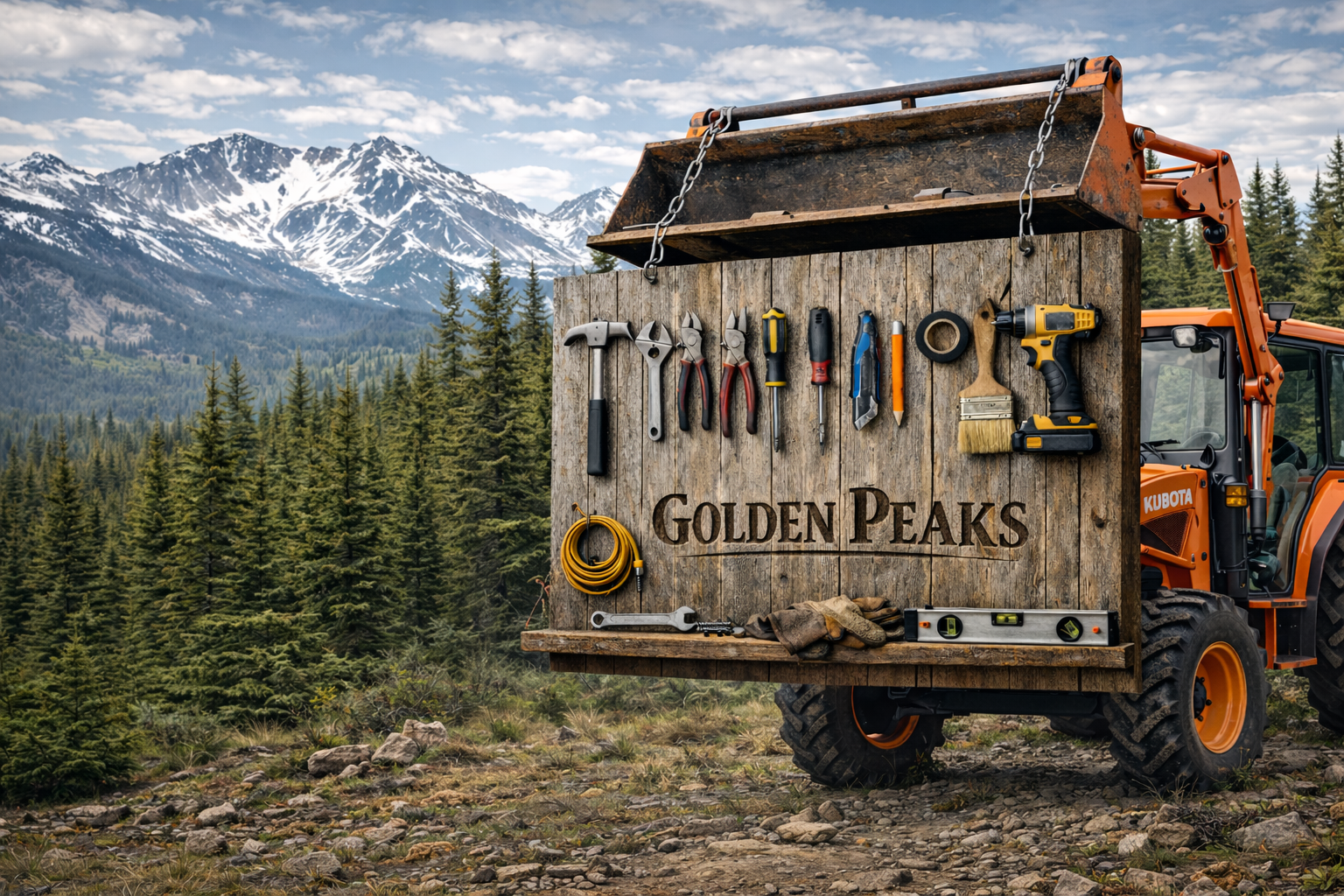 Kubota tractor carrying a Golden Peaks sign in the mountains near Golden British Columbia